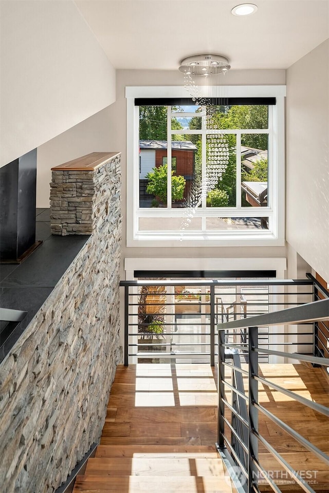 1808 2nd St, Kirkland, WA 98033 - stairs with hardwood / wood-style floors, recessed lighting, and a chandelier