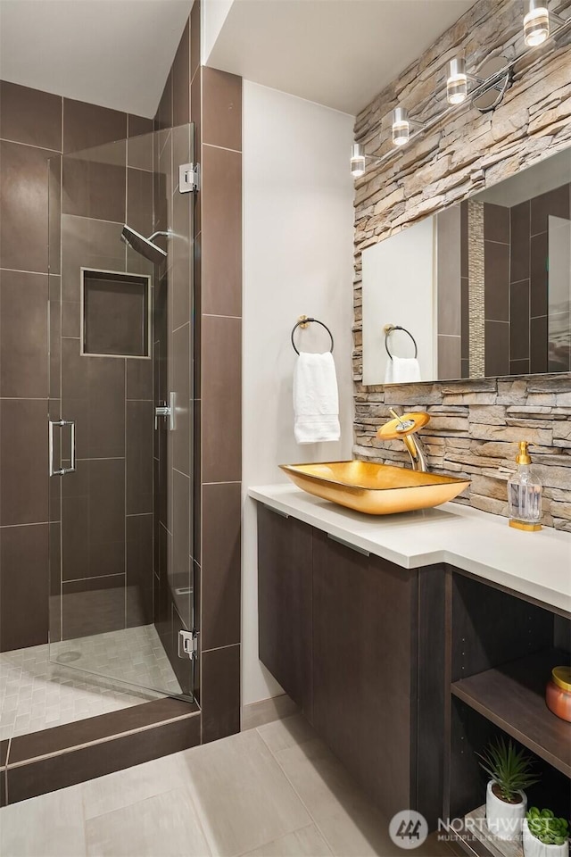 1808 2nd St, Kirkland, WA 98033 - full bathroom with a stall shower, vanity, tasteful backsplash, and tile patterned flooring
