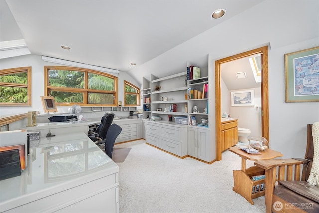 8834 Goldeneye Ln, Blaine, WA 98230 - office featuring vaulted ceiling, light colored carpet, and recessed lighting