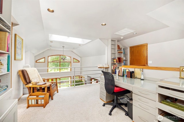 8834 Goldeneye Ln, Blaine, WA 98230 - office area with light carpet, vaulted ceiling, a skylight, and recessed lighting