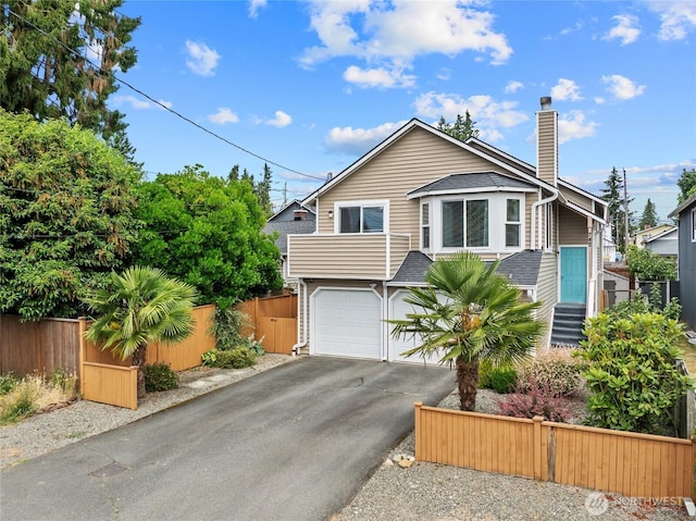 742 N 103rd St, Seattle, WA 98133 - view of front of property featuring asphalt driveway, a chimney, a garage, and roof with shingles