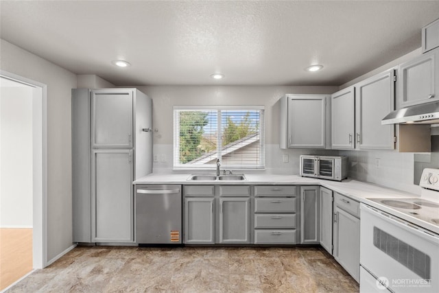 742 N 103rd St, Seattle, WA 98133 - kitchen with white range with electric stovetop, stainless steel dishwasher, under cabinet range hood, backsplash, and light countertops