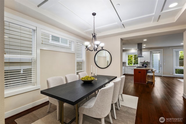 17477 NE 123rd Way, Redmond, WA 98052 - dining room with coffered ceiling, dark wood finished floors, recessed lighting, a chandelier, and healthy amount of natural light