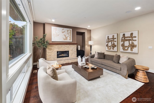 17477 NE 123rd Way, Redmond, WA 98052 - living room with wood finished floors, a fireplace, and recessed lighting