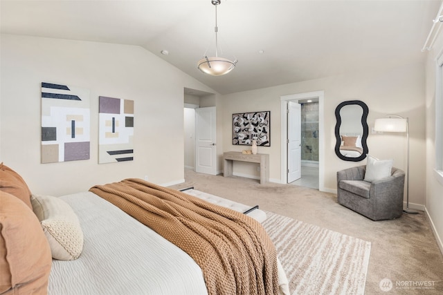 17477 NE 123rd Way, Redmond, WA 98052 - bedroom featuring light carpet, lofted ceiling, and ensuite bath