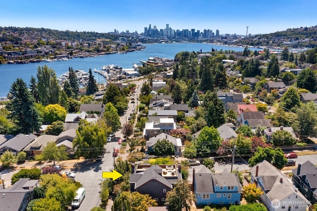 2218 N 38th St, Seattle, WA 98103 - aerial view of residential area featuring a large body of water and city skyline