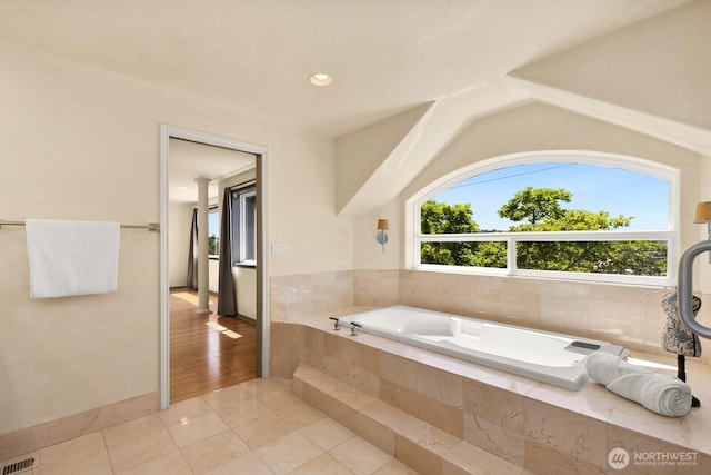 2218 N 38th St, Seattle, WA 98103 - bathroom featuring a garden tub, tile patterned flooring, and recessed lighting