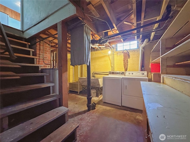 304 Columbia Ave, Coulee Dam, WA 99116 - below grade area featuring separate washer and dryer, water heater, and stairs
