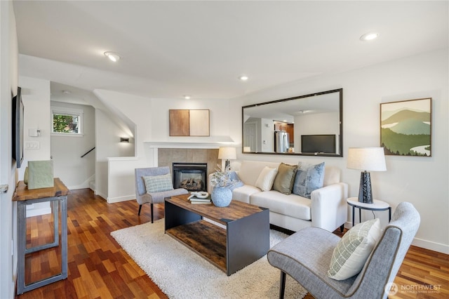 2344 44th Ave SW Unit B, Seattle, WA 98116 - living area with wood finished floors, stairs, a fireplace, and recessed lighting