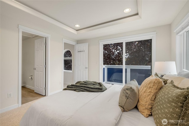 2344 44th Ave SW Unit B, Seattle, WA 98116 - bedroom featuring carpet, recessed lighting, access to exterior, and a tray ceiling