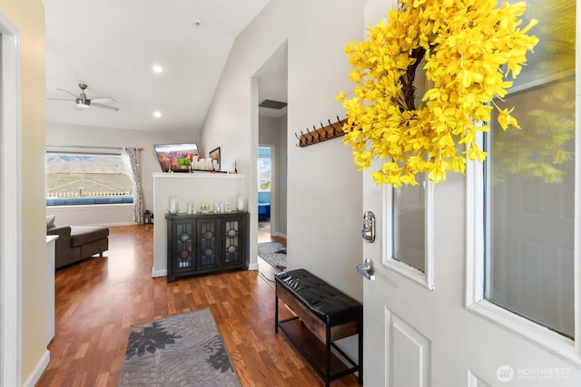 2615 N Baker Ave, East Wenatchee, WA 98802 - foyer entrance with wood finished floors, a ceiling fan, lofted ceiling, and recessed lighting