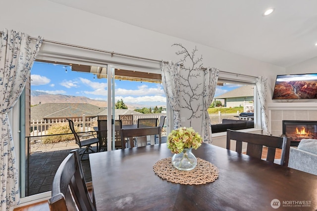 2615 N Baker Ave, East Wenatchee, WA 98802 - dining room with a fireplace, recessed lighting, and a mountain view