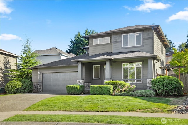7526 148th Pl SE, Snohomish, WA 98296 - view of front of property with driveway, a garage, a front yard, covered porch, and a shingled roof