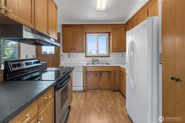 22223 10th Ave S, Des Moines, WA 98198 - kitchen featuring white appliances, under cabinet range hood, light wood finished floors, and brown cabinetry