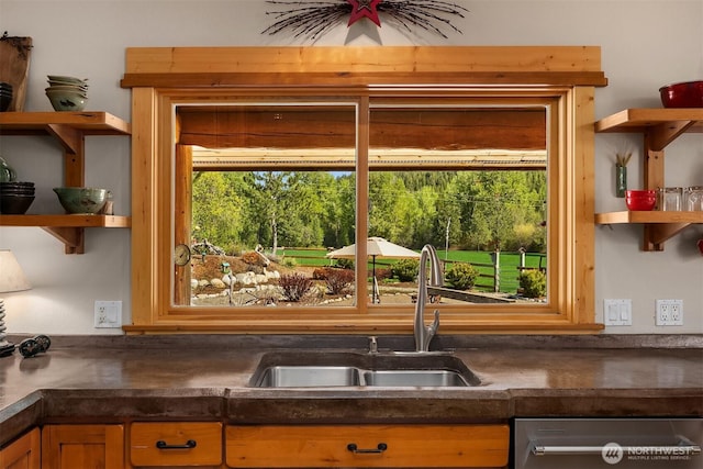 639 A Twisp River Rd, Twisp, WA 98856 - kitchen with open shelves, dark countertops, and dishwasher