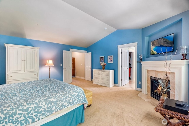 1422 Brighton Way SE, Olympia, WA 98501 - bedroom featuring vaulted ceiling, light carpet, and a fireplace