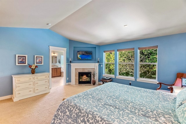 1422 Brighton Way SE, Olympia, WA 98501 - carpeted bedroom featuring lofted ceiling, a tile fireplace, and ensuite bath