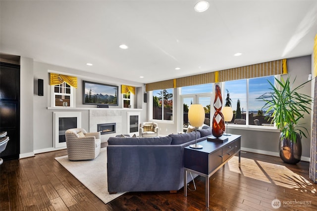 6511 108th Ave NE Unit 3, Kirkland, WA 98033 - living area with a glass covered fireplace, hardwood / wood-style flooring, and recessed lighting