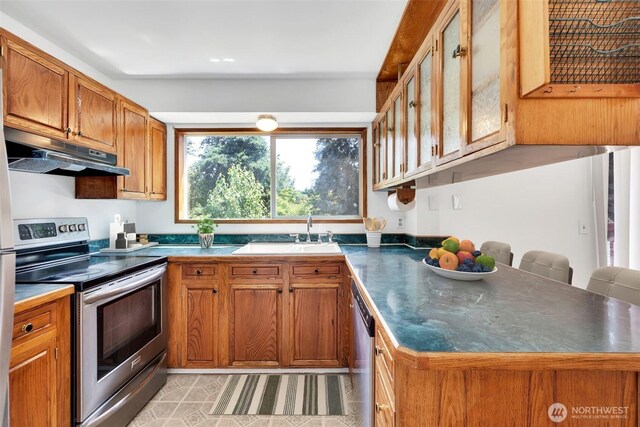 34716 4th Pl S, Federal Way, WA 98003 - kitchen with stainless steel appliances, under cabinet range hood, a peninsula, brown cabinets, and glass insert cabinets