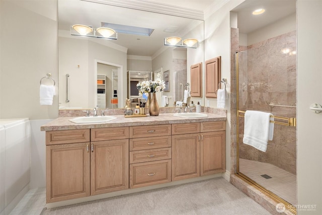 6424 Lake Washington Blvd NE Unit 34, Kirkland, WA 98033 - bathroom with crown molding, a shower stall, double vanity, and a skylight