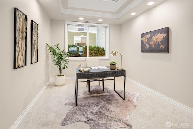 6424 Lake Washington Blvd NE Unit 34, Kirkland, WA 98033 - carpeted office with recessed lighting, crown molding, and a tray ceiling