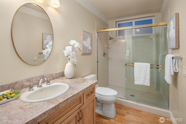 6424 Lake Washington Blvd NE Unit 34, Kirkland, WA 98033 - full bath featuring vanity, a shower stall, wood finished floors, and crown molding