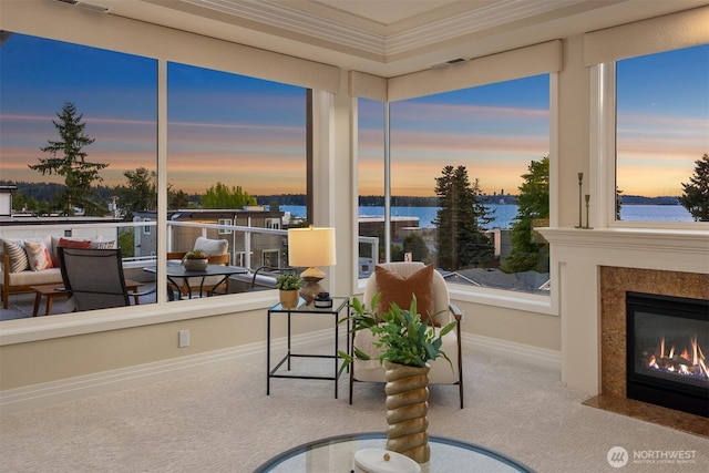 6424 Lake Washington Blvd NE Unit 34, Kirkland, WA 98033 - living area with carpet, a water view, a premium fireplace, and ornamental molding