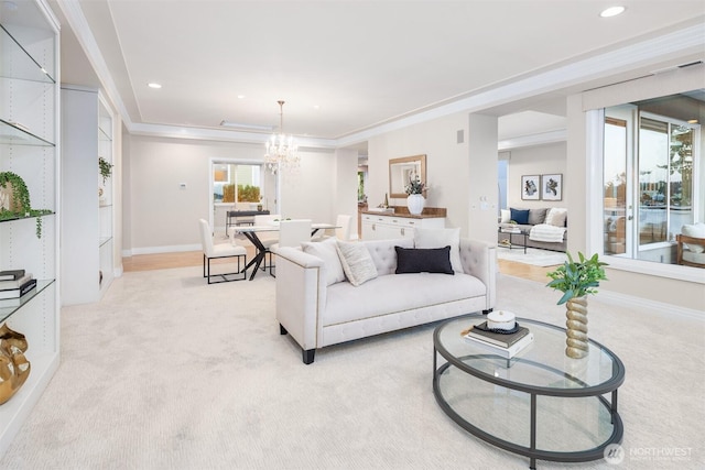 6424 Lake Washington Blvd NE Unit 34, Kirkland, WA 98033 - living room with light colored carpet, a chandelier, ornamental molding, and recessed lighting
