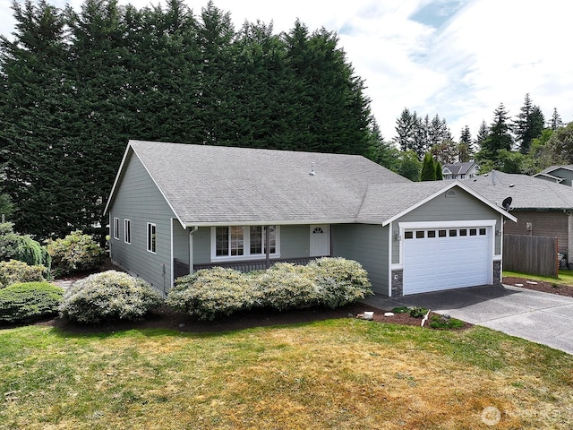 4880 Harbor Hills Dr, Freeland, WA 98249 - ranch-style house featuring an attached garage, driveway, a front lawn, and a shingled roof