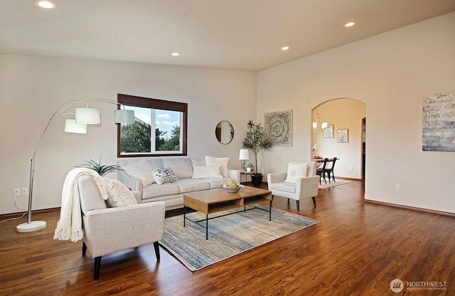 4880 Harbor Hills Dr, Freeland, WA 98249 - living area with wood finished floors, arched walkways, and recessed lighting