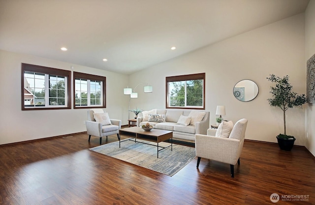 4880 Harbor Hills Dr, Freeland, WA 98249 - living room with healthy amount of natural light, wood finished floors, lofted ceiling, and recessed lighting