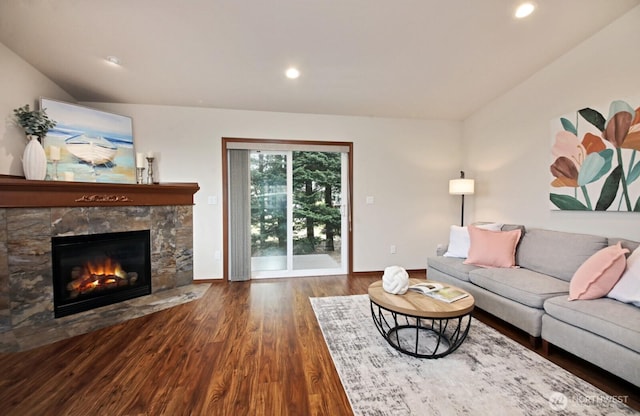 4880 Harbor Hills Dr, Freeland, WA 98249 - living room with wood finished floors, a fireplace, and recessed lighting