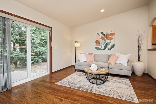 4880 Harbor Hills Dr, Freeland, WA 98249 - living area with dark wood-style flooring, recessed lighting, and arched walkways