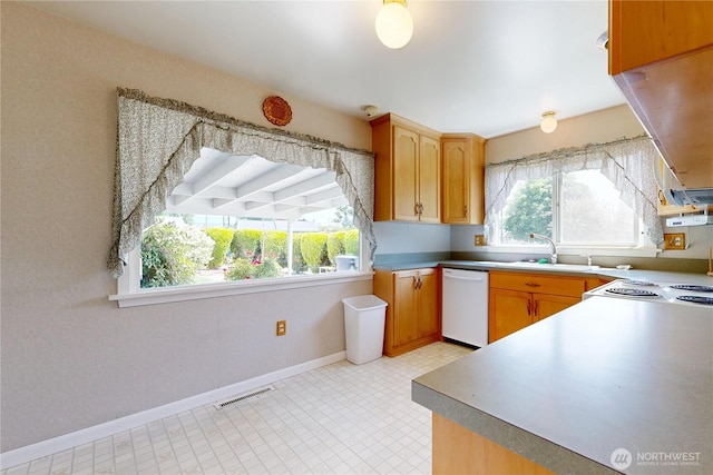 2004 Lark Dr, Walla Walla, WA 99362 - kitchen with dishwasher, range hood, light countertops, and light floors
