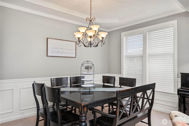 5625 Elizabeth Ave SE, Auburn, WA 98092 - dining room with a decorative wall, a chandelier, carpet flooring, ornamental molding, and wainscoting