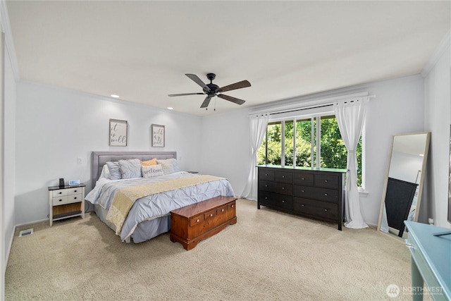 5625 Elizabeth Ave SE, Auburn, WA 98092 - bedroom with carpet floors, a ceiling fan, crown molding, and recessed lighting