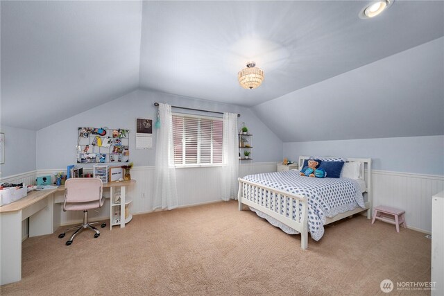 5625 Elizabeth Ave SE, Auburn, WA 98092 - bedroom with vaulted ceiling, a desk, a wainscoted wall, and carpet floors