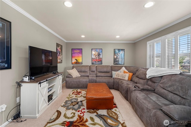 5625 Elizabeth Ave SE, Auburn, WA 98092 - living room with recessed lighting, light colored carpet, and ornamental molding