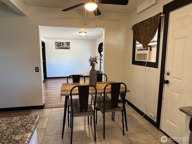 616 S Ironwood, Moses Lake, WA 98837 - dining space with ceiling fan, cooling unit, light tile patterned flooring, and a wall mounted air conditioner