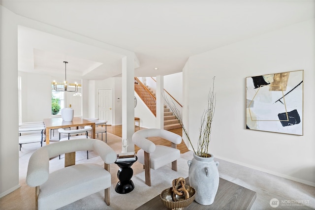 18353 160th Pl SE, Renton, WA 98058 - carpeted living area featuring stairway, a chandelier, and a raised ceiling