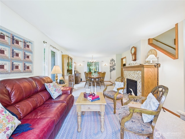 27014 80th St E, Buckley, WA 98321 - carpeted living room with a chandelier and a tiled fireplace