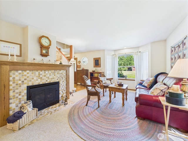 27014 80th St E, Buckley, WA 98321 - carpeted living room with a tile fireplace