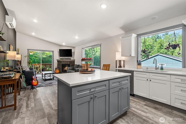 5843 Octave Ct SE, Olympia, WA 98513 - kitchen featuring gray cabinetry, light countertops, light wood-type flooring, stainless steel dishwasher, and plenty of natural light