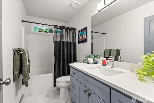 5843 Octave Ct SE, Olympia, WA 98513 - full bathroom with vanity, shower / tub combo with curtain, and marble look tile flooring