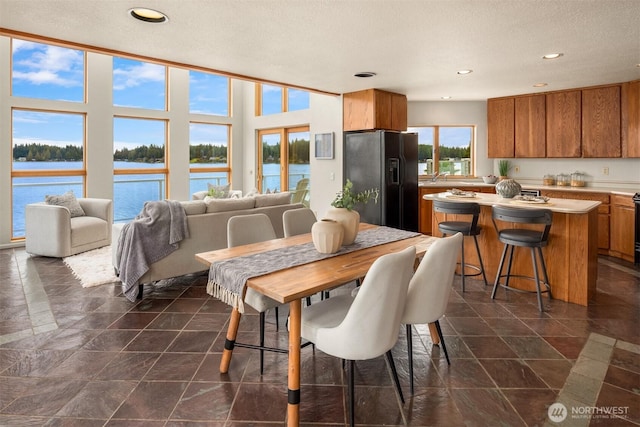 2210 E Mason Lake Dr W, Grapeview, WA 98546 - dining area with a water view, recessed lighting, and dark stone finish flooring