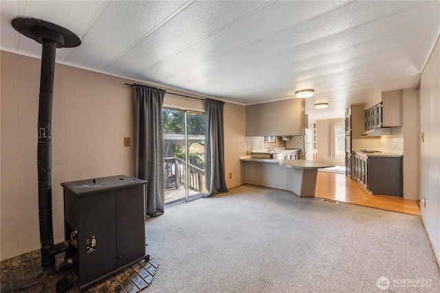7138 Englewood Dr SE Unit 32, Olympia, WA 98513 - kitchen featuring a peninsula, carpet flooring, light countertops, and freestanding refrigerator