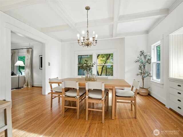 2555 Queen Anne Ave N, Seattle, WA 98109 - dining area featuring light wood-style floors, a chandelier, coffered ceiling, and beamed ceiling