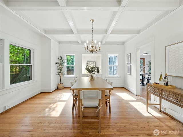 2555 Queen Anne Ave N, Seattle, WA 98109 - dining space featuring plenty of natural light, a chandelier, light wood-style flooring, beamed ceiling, and coffered ceiling