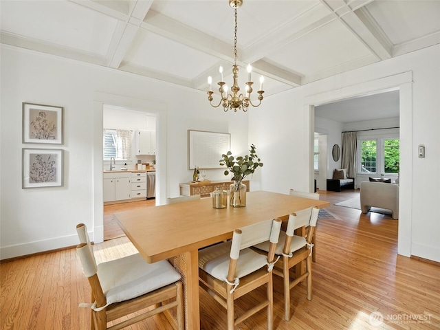 2555 Queen Anne Ave N, Seattle, WA 98109 - dining area with coffered ceiling, light wood-type flooring, a chandelier, and beamed ceiling