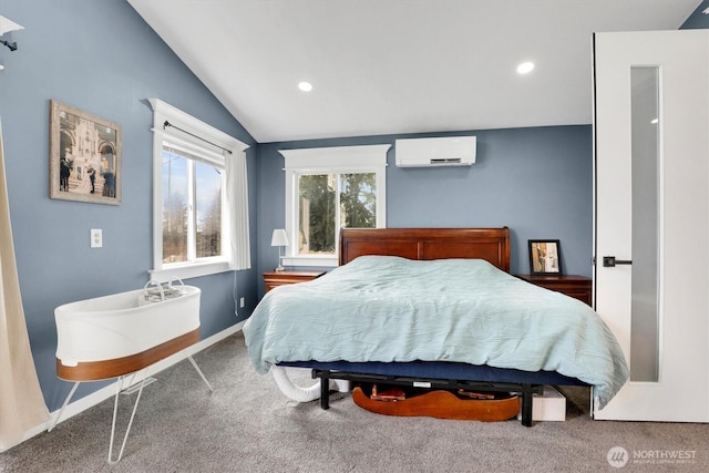2819 W Olympic Ave, Spokane, WA 99205 - bedroom featuring an AC wall unit, vaulted ceiling, carpet flooring, and recessed lighting